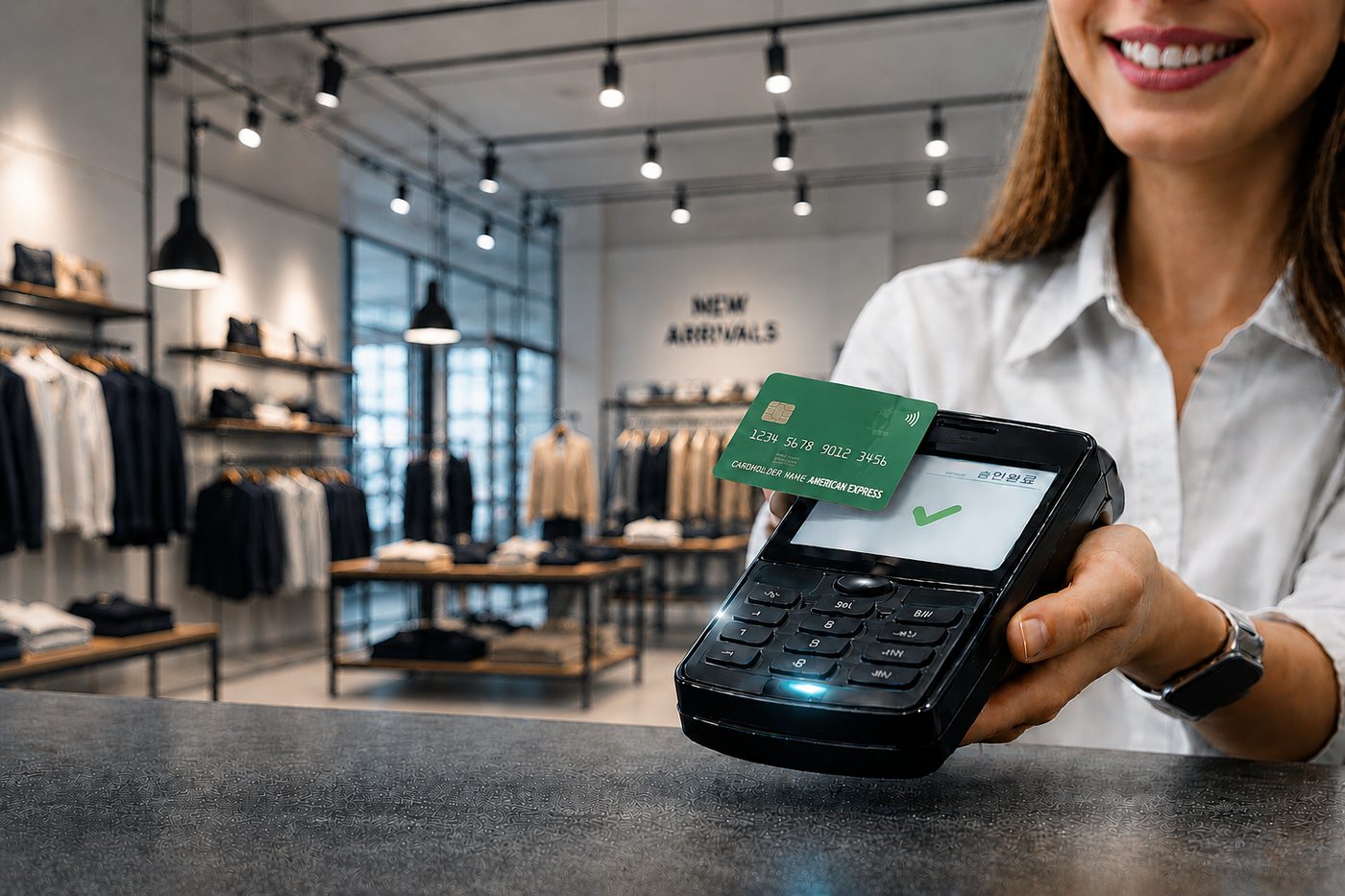 Contactless payment terminal accepting a Visa card at retail point of sale