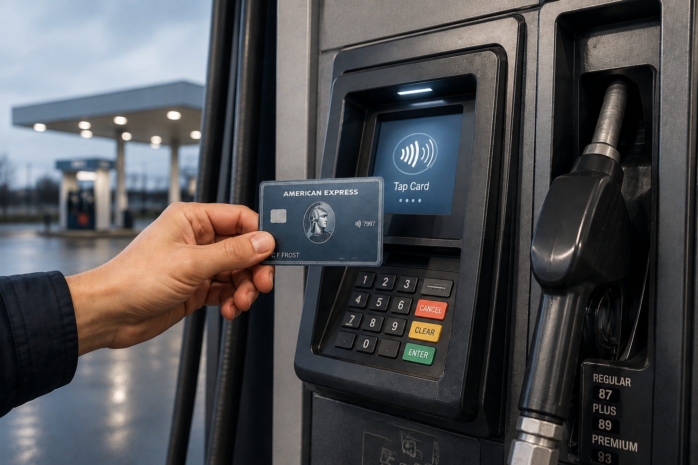 American Express card tapped against unattended gas pump payment terminal